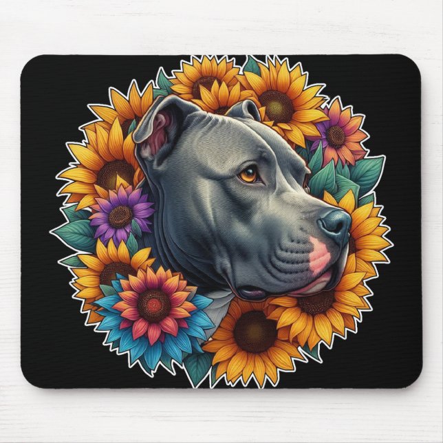 Alfombrilla De Ratón Perro Pitbull rodeado de girasoles vibrantes (Frente)