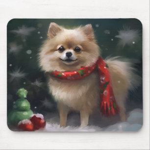 Alfombrilla De Ratón Perro Pomerania en Navidad Nieve