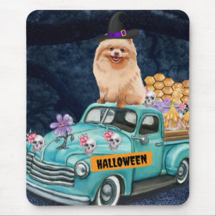 Alfombrilla De Ratón Perro Pomerania Halloween Camión Noche Espeluznant