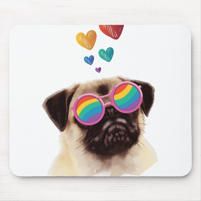 Alfombrilla De Ratón Perro Pug con Corazones Día de San Valentín (Frente)