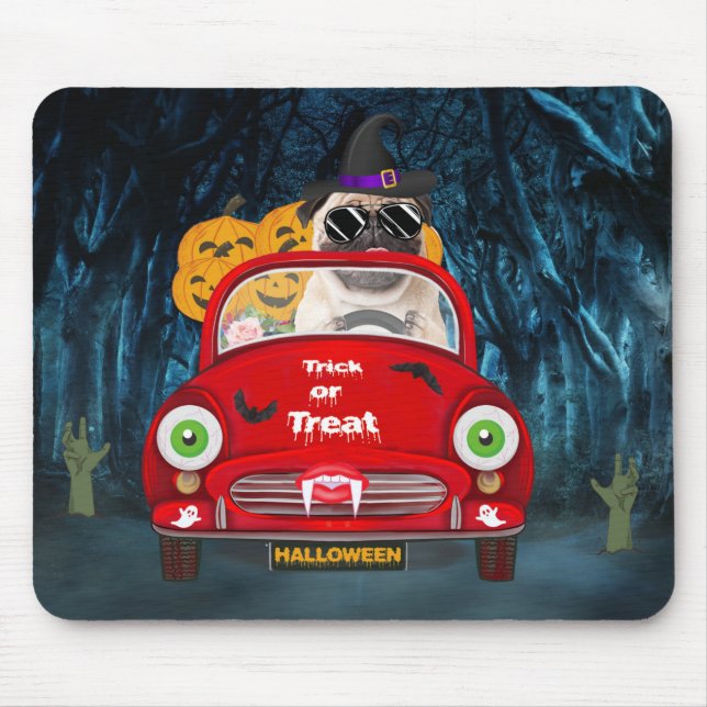 Alfombrilla De Ratón Perro Pug conduciendo auto asusta Halloween (Frente)