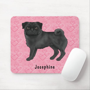 Alfombrilla De Ratón Perro Pug Negro Corazones Rosas y Fregonas Con Nom
