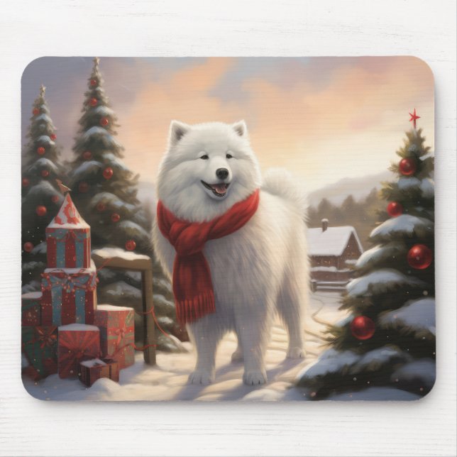Alfombrilla De Ratón Perro Samoyedo en Navidad de Nieve  (Frente)