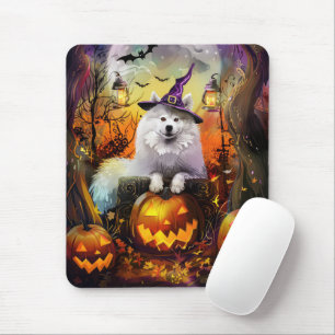 Alfombrilla De Ratón Perro Samoyedo Espeluznante Bruja de Halloween y C