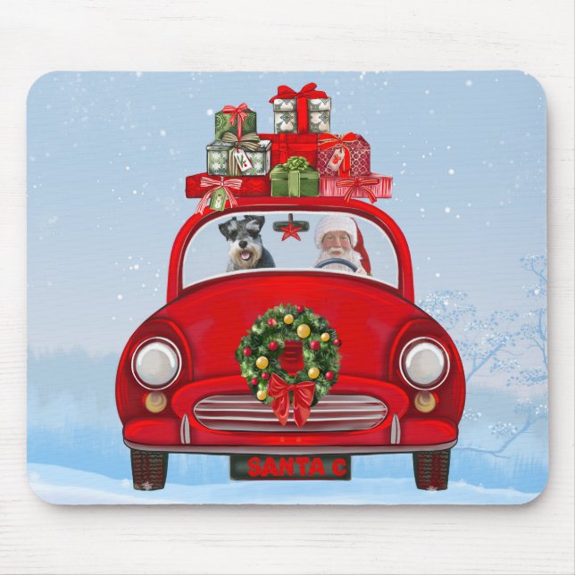 Alfombrilla De Ratón Perro Schnauzer en coche con Papá Noel (Frente)