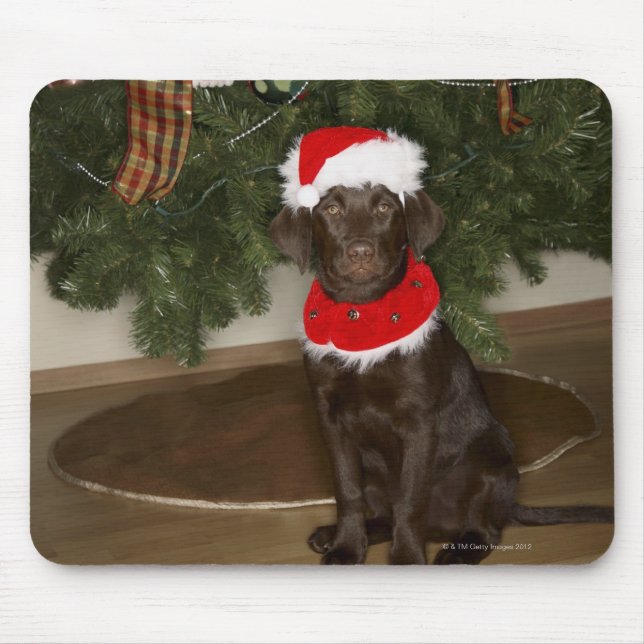 Alfombrilla De Ratón Perro sentado junto a un árbol de Navidad (Frente)