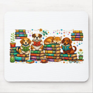 Alfombrilla De Ratón Perros leyendo libros escena de biblioteca acogedo