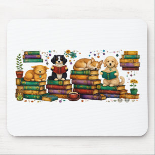 Alfombrilla De Ratón Perros Leyendo Libros Escena de Biblioteca Acogedo