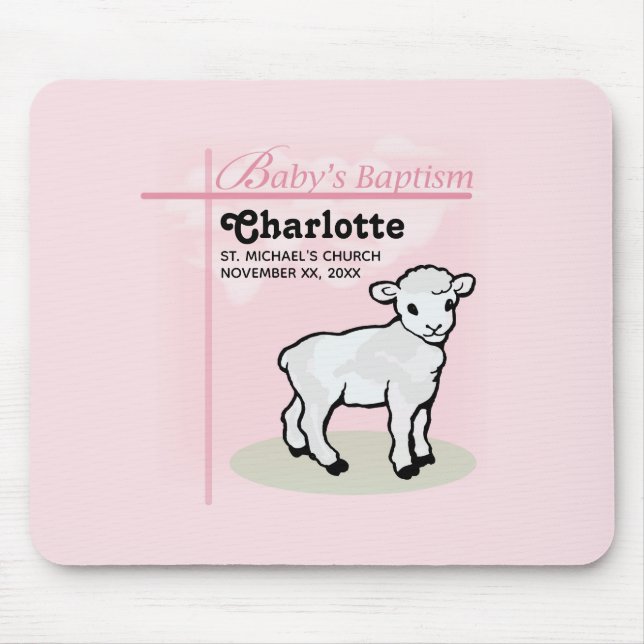 Alfombrilla De Ratón Personalizable, Bautizo, Rosa, Niña, Cordero (Frente)