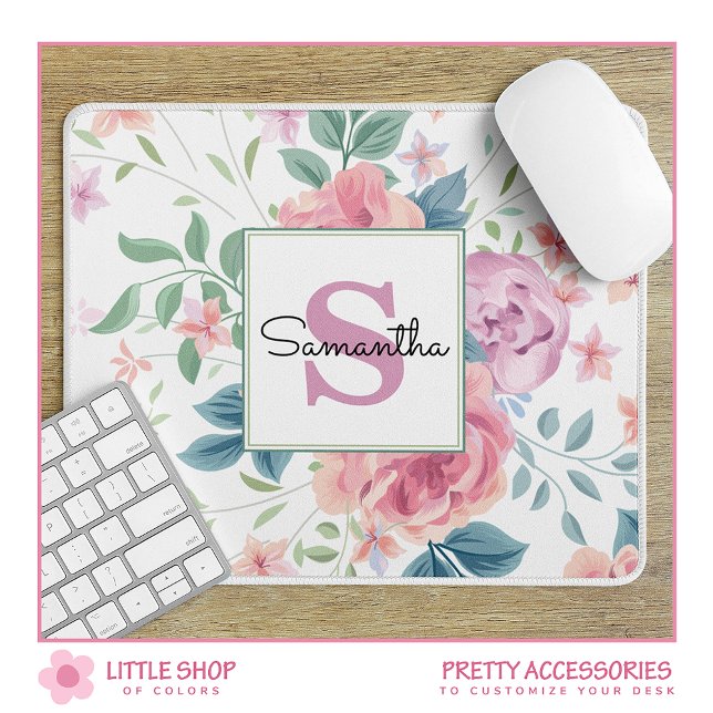 Alfombrilla De Ratón Personalizable Floral rosa monogramado (Subido por el creador)