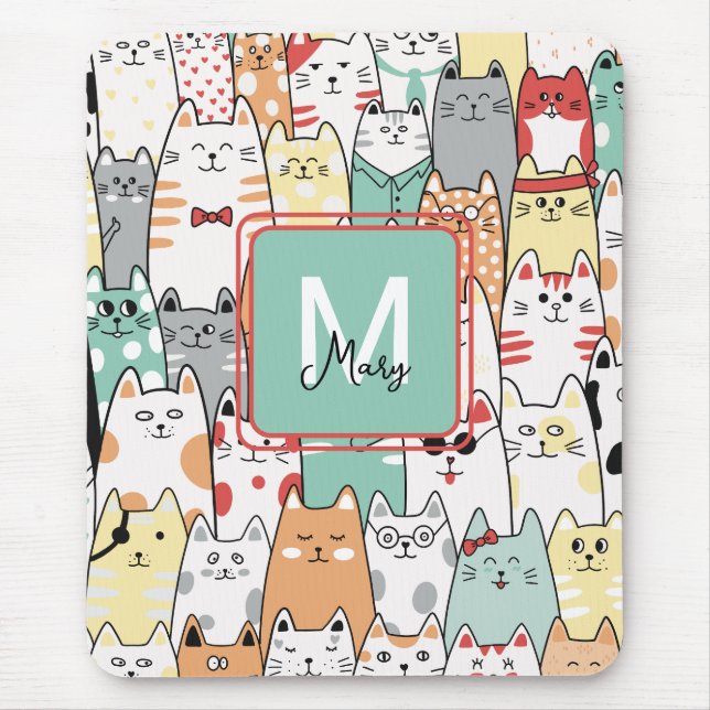 Alfombrilla De Ratón Personalizado colorido Cat Kitty Nombre Monograma  (Frente)