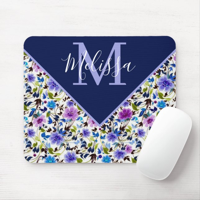 Alfombrilla De Ratón Personalizado floral morado y azul (Con ratón)