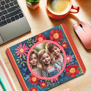 Alfombrilla De Ratón Personalizado Foto Red Blue Fun Colorful Floral