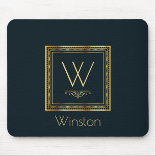 Alfombrilla De Ratón Personalizado Monograma dorado sobre azul oscuro
