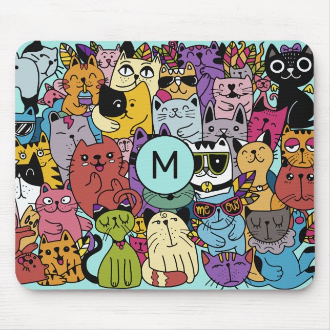 Alfombrilla De Ratón Personalizado Monograma Gracioso Gatos Ilustracion (Frente)
