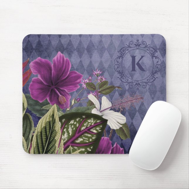 Alfombrilla De Ratón Personalizado Monograma Morado Floral (Con ratón)