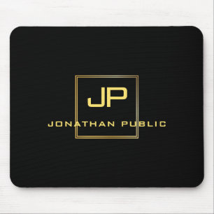 Alfombrilla De Ratón Personalizado Monograma Negro Y Oro Elegante