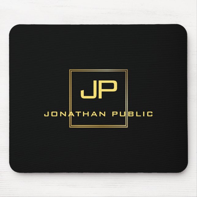 Alfombrilla De Ratón Personalizado Monograma Negro Y Oro Elegante (Frente)