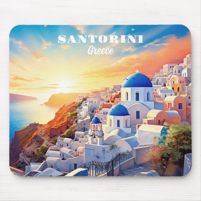 Alfombrilla De Ratón Personalizado Texto Santorini Grecia Atardecer (Frente)