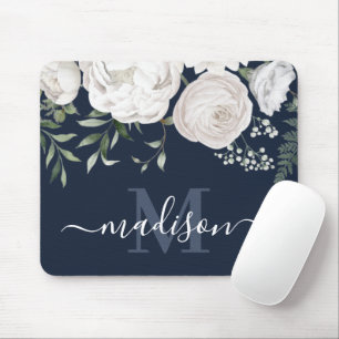 Alfombrilla De Ratón Personalized Navy Blue White Floral Name Monogram
