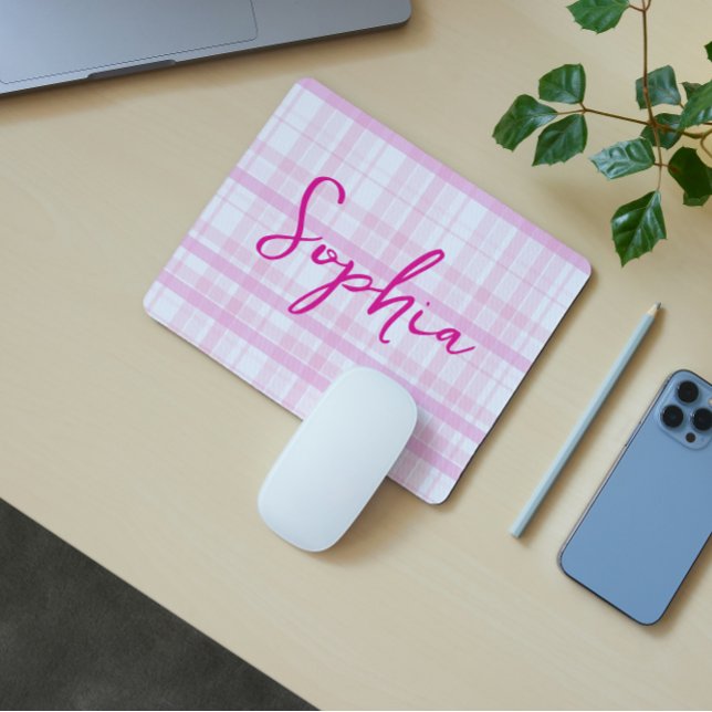 Alfombrilla De Ratón Personalized Pink Plaid Mouse Pad with Name  (Subido por el creador)