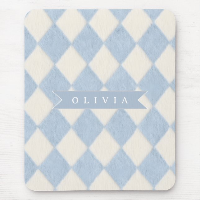 Alfombrilla De Ratón Personalized Preppy Soft Blue Fuzzy Argyle Name (Frente)