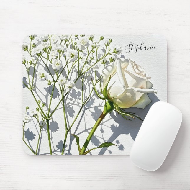 Alfombrilla De Ratón Personalized White Rose Floral Desk (Con ratón)