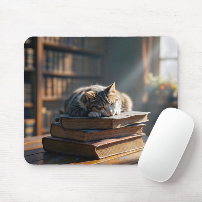 Alfombrilla De Ratón Pestaña Gato En Los Libros De La Biblioteca (Con ratón)