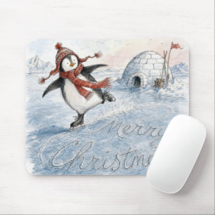 Alfombrilla De Ratón Pinguino Feliz Navidad en Patines de Hielo