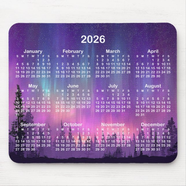 Alfombrilla De Ratón Pink and Purple Northern Lights 2026 Calendar (Frente)