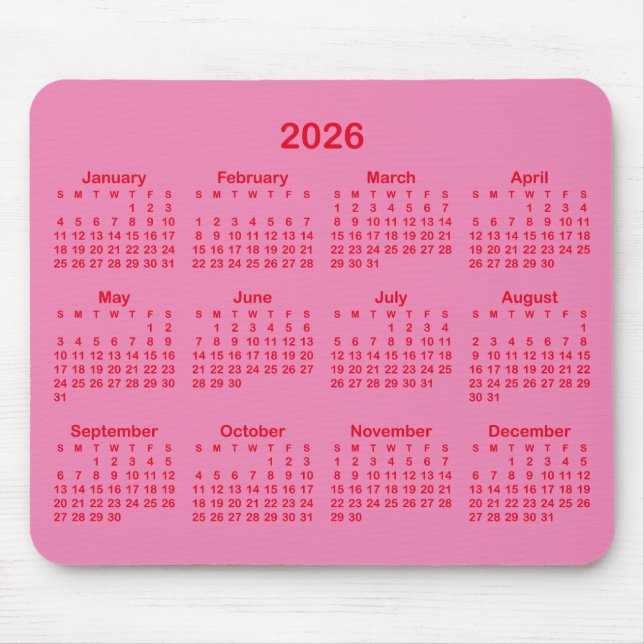 Alfombrilla De Ratón Pink and Red 2026 Calendar (Frente)
