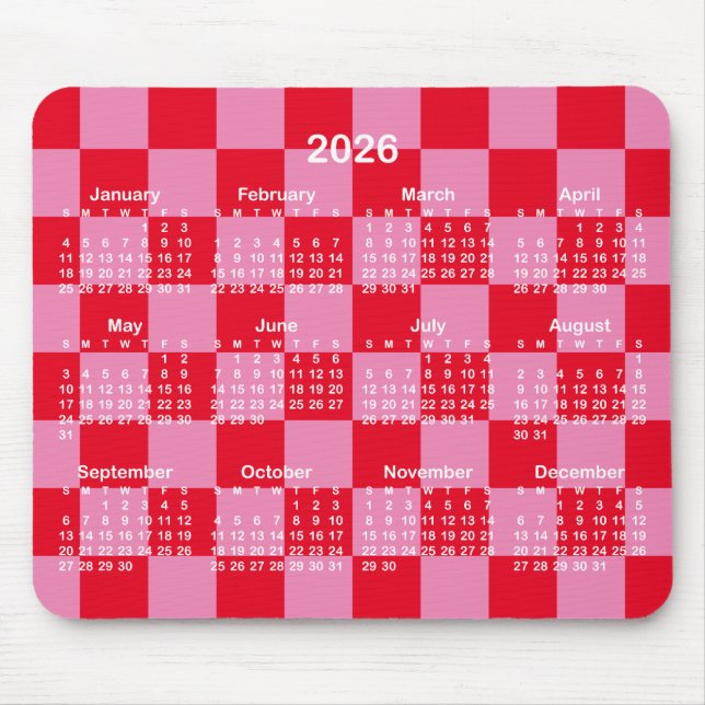 Alfombrilla De Ratón Pink and Red Checkerboard 2026 Calendar (Frente)