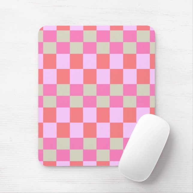 Alfombrilla De Ratón Pink and Sand Beige Retro Checkerboard Pattern (Con ratón)