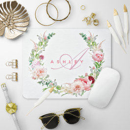 Alfombrilla De Ratón Pink Botanical Rose & Peony Wreath Name Monogram