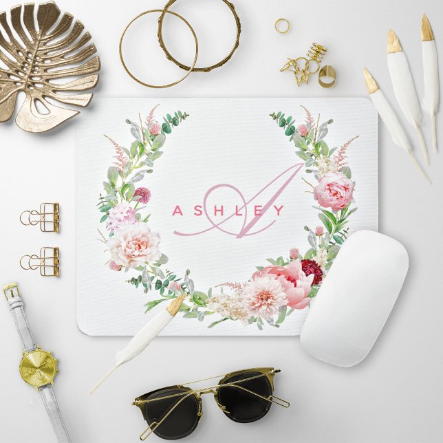 Alfombrilla De Ratón Pink Botanical Rose & Peony Wreath Name Monogram (Subido por el creador)
