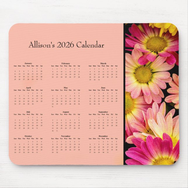Alfombrilla De Ratón Pink Flowers: Customize full year 2026 calendar (Frente)