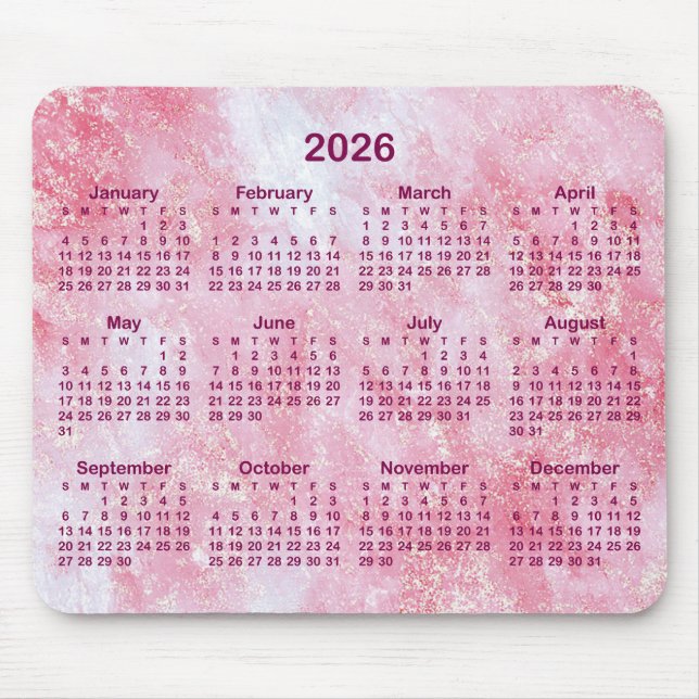 Alfombrilla De Ratón Pink Glitter Marble 2026 Calendar (Frente)