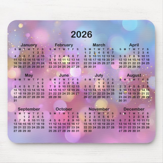 Alfombrilla De Ratón Pink Gold Blue Bokeh 2026 Calendar (Frente)
