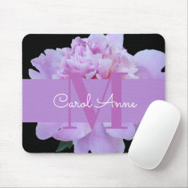 Alfombrilla De Ratón Pink Peony Purple Monograma Floral Black Mouse Pad