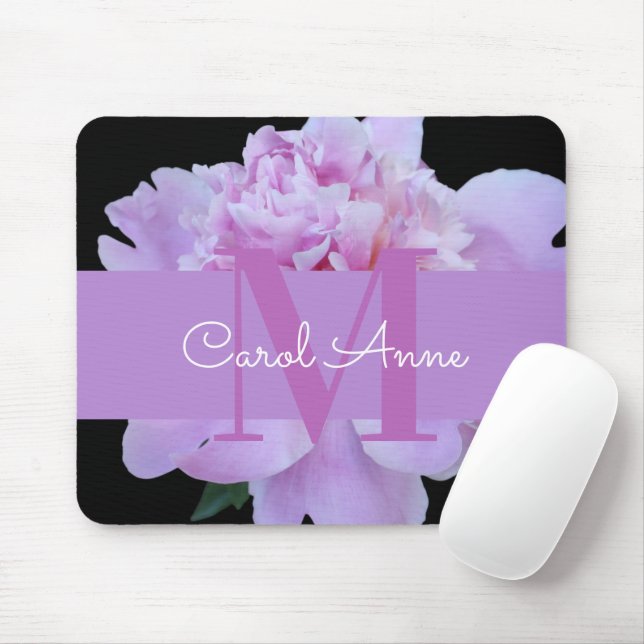 Alfombrilla De Ratón Pink Peony Purple Monograma Floral Black Mouse Pad (Con ratón)
