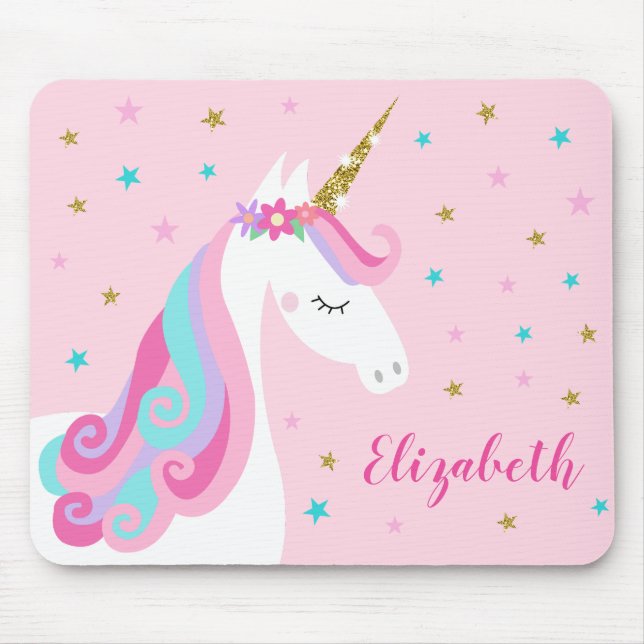 Alfombrilla De Ratón Pink, Purpurina mágico de unicornio arcoiris (Frente)