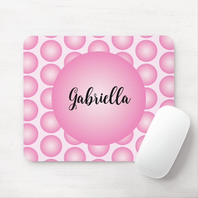 Alfombrilla De Ratón Pink Retro Polka Dot Monogram Script Name (Con ratón)