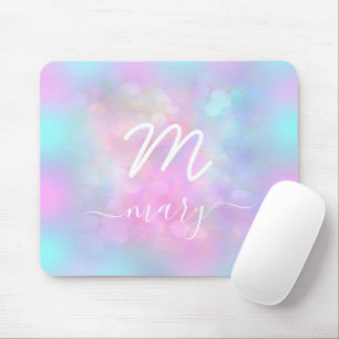 Alfombrilla De Ratón Pink Unicorn Holograph Name Modern Monogram White