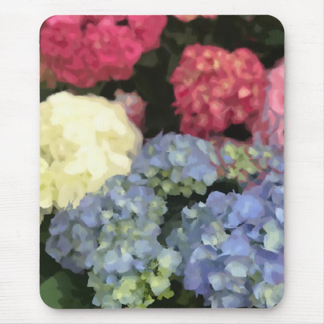 Alfombrilla De Ratón Pintado digital de flores de hidrangea azul y rosa (Frente)