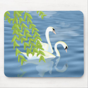 Alfombrilla De Ratón Pintando la pareja azul y verde de cisnes en el la