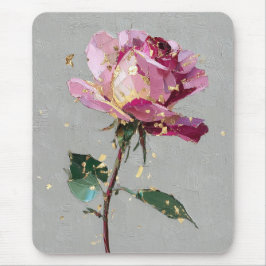 Alfombrilla De Ratón Pintura al óleo de rosa rosa con hoja de oro impre