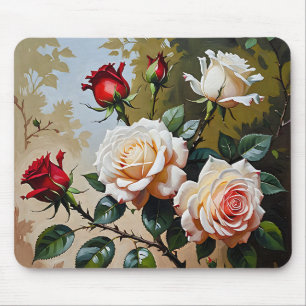 Alfombrilla De Ratón pintura al óleo de rosas blancas y rojas de color