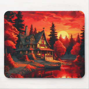 Alfombrilla De Ratón Pintura de atardecer con cabaña y lago-66633