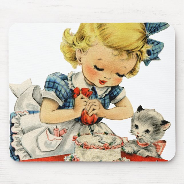 Alfombrilla De Ratón Pintura de gato de Chica de cumpleaños retro (Frente)