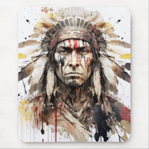 Alfombrilla De Ratón Pintura de guerrero de retrato indio nativo americ